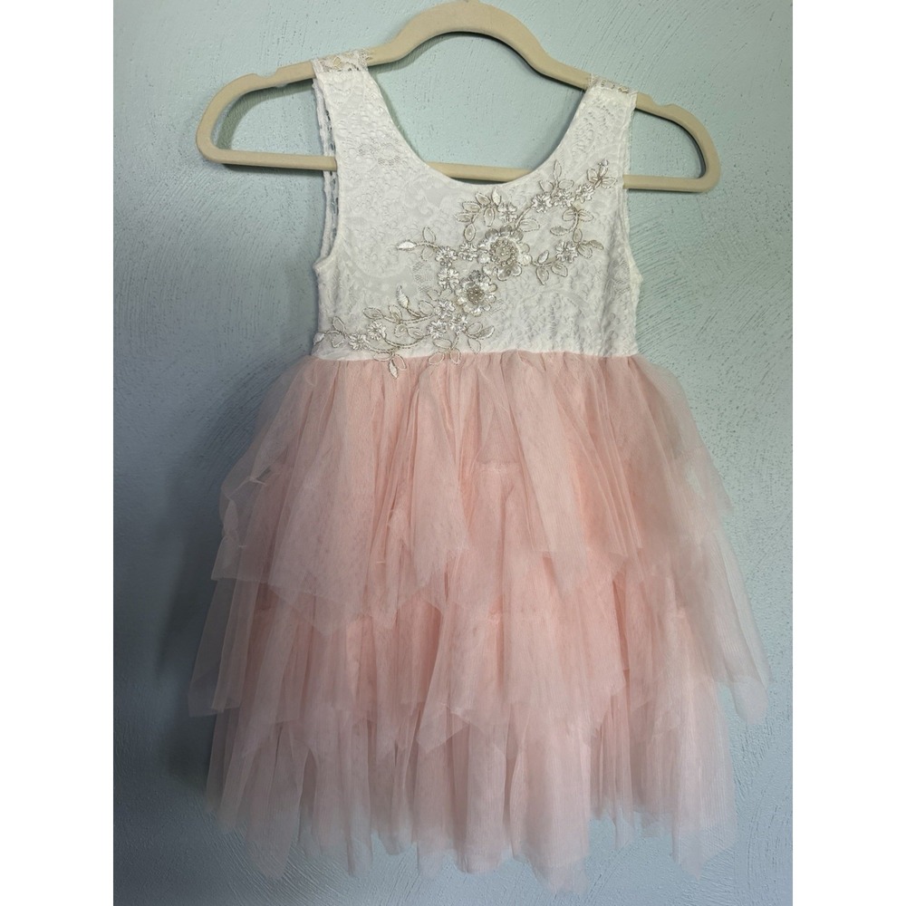 Arabella & Rose white lace blush pink tiered tulle flower girl dress dance Sz 5